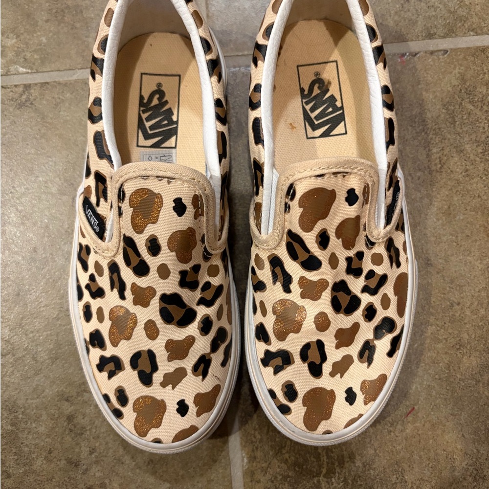 Vans Kids Tan Leopard Slip-On Sneakers Girls size 1